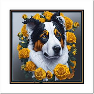 Australian Shepherd yellow roses 2 Posters and Art